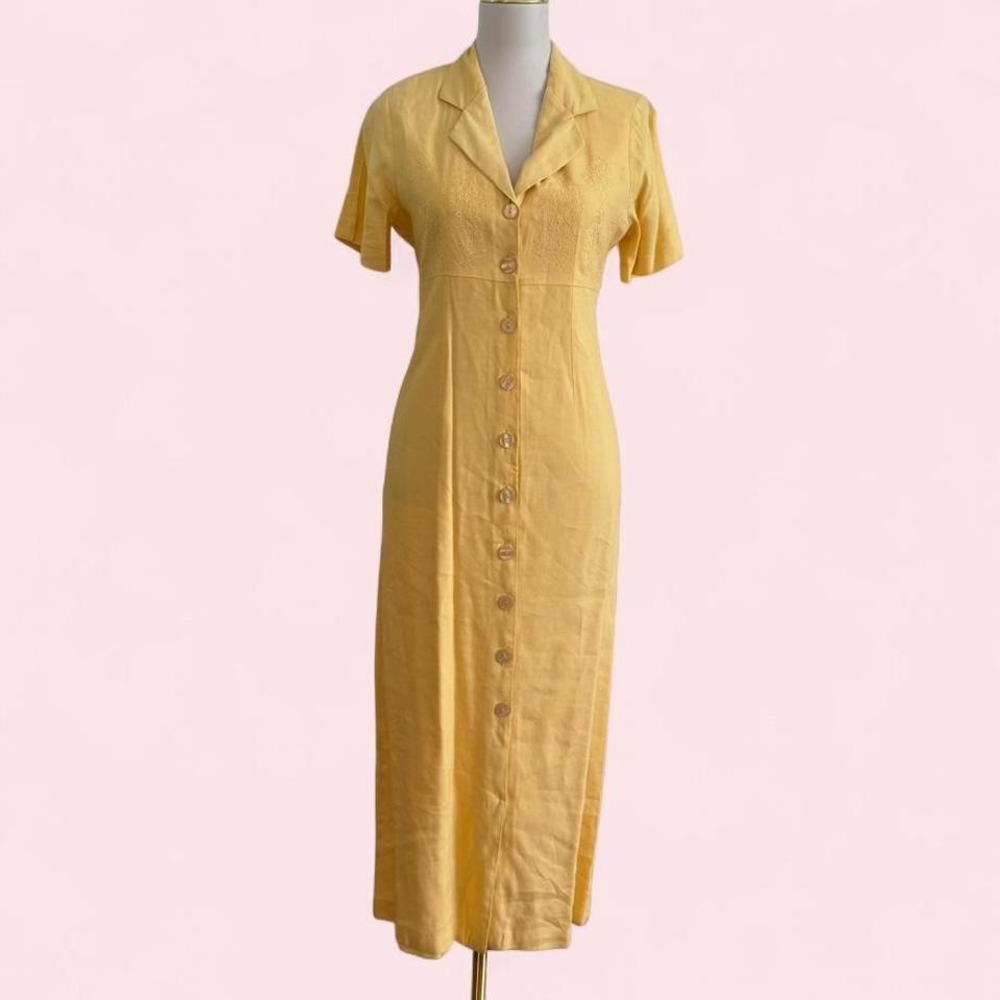 Vintage Yellow Button-Up Midi Dress with Lace Detail Size S